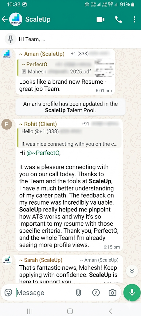ScaleUp client WhatsApp testimonial